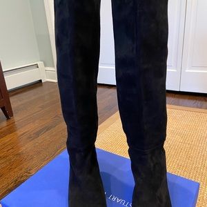 Stuart Weizman black suede low heel tall boot